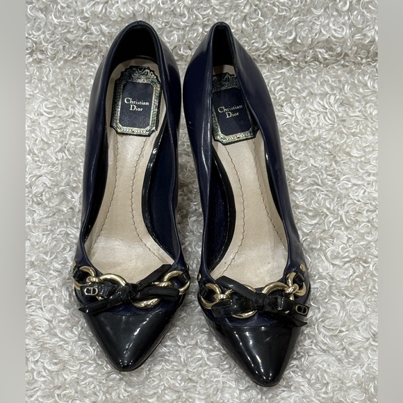 Dior Navy Blue Patent Leather Bow Chain Detail Pumps - Picture 1 of 13
